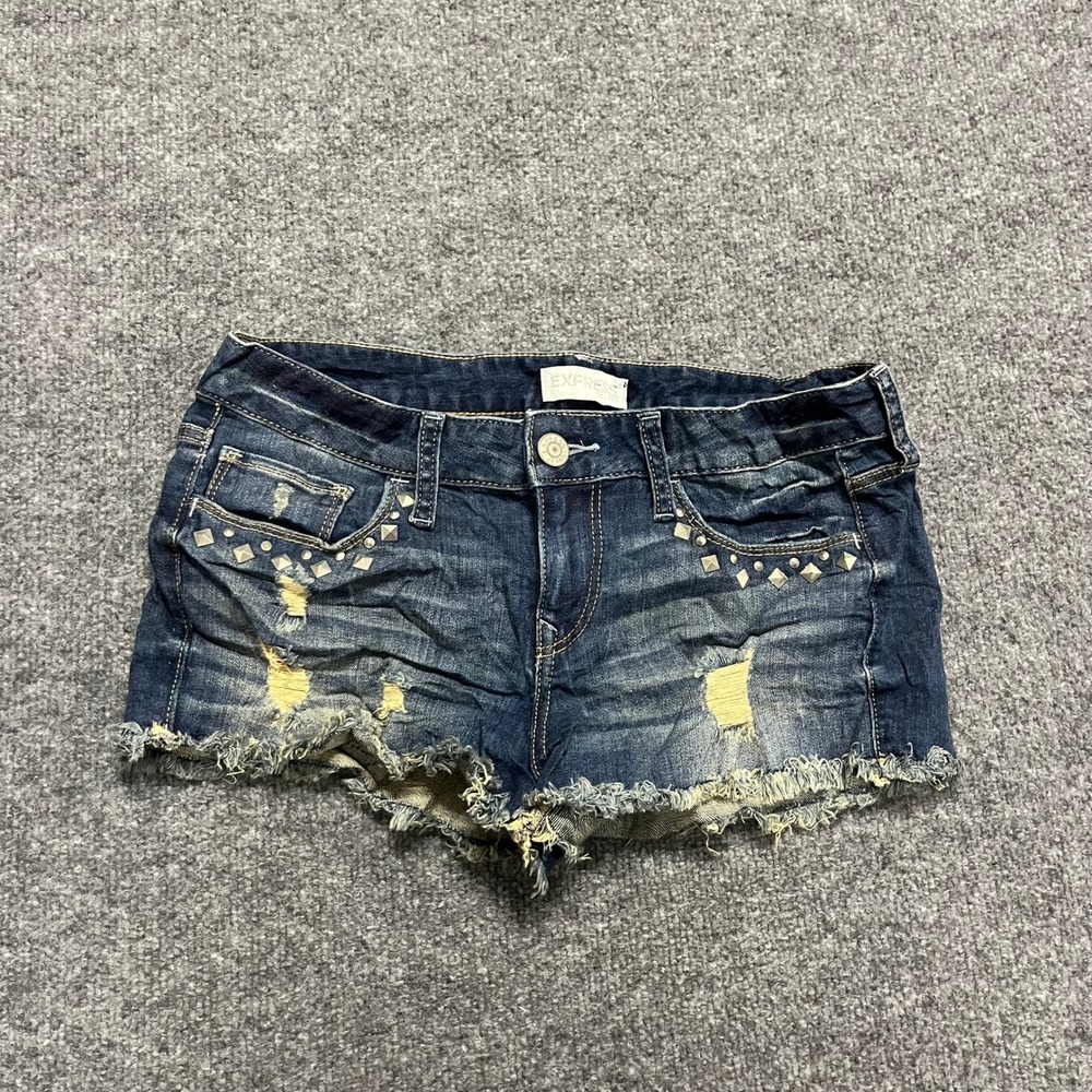 Express Denim Shorts Womens Size 4 Dark Wash Studded Distressed Raw Hem Low Rise